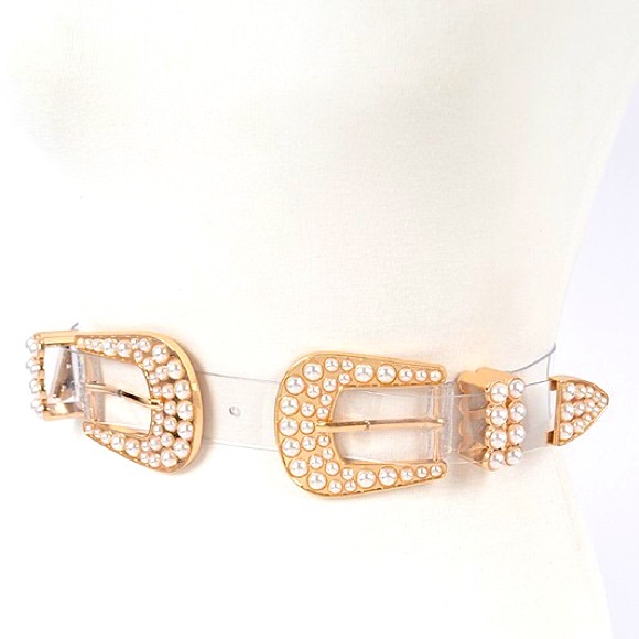 Gold Double Pearl Accent Buckle Clear Statement Belt - Picture 4 of 4